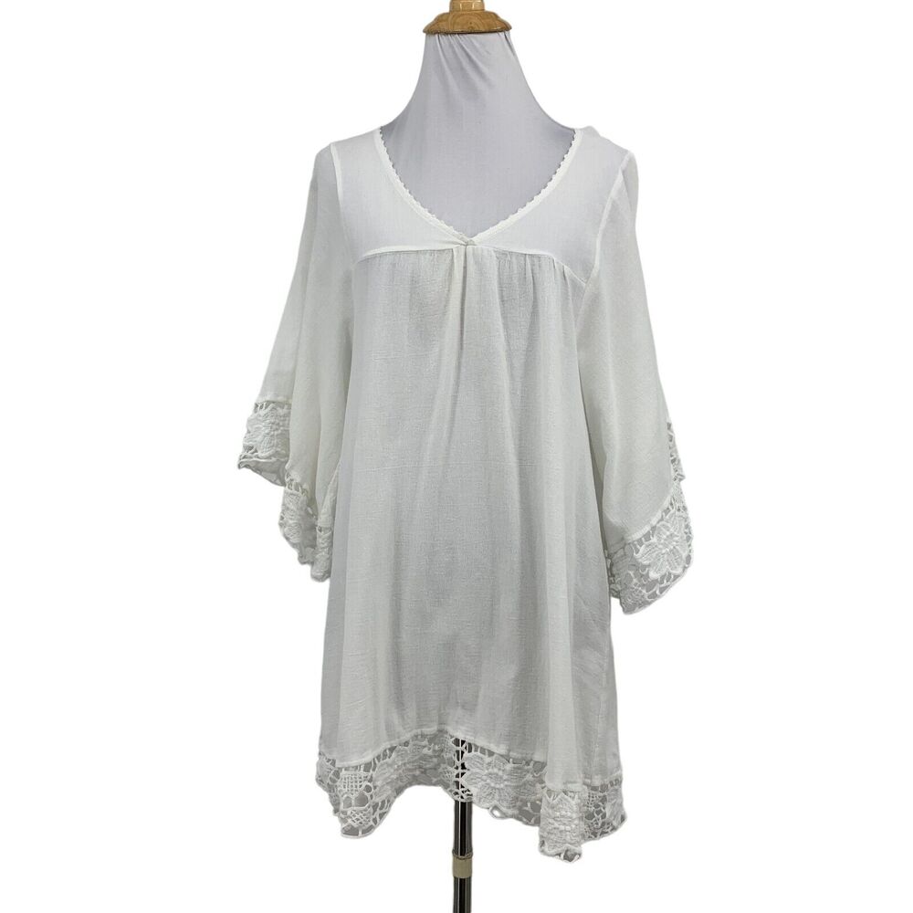 L Space Dress Womens S Small White Off Shore Caftan Floral Lace Trim Cover Up